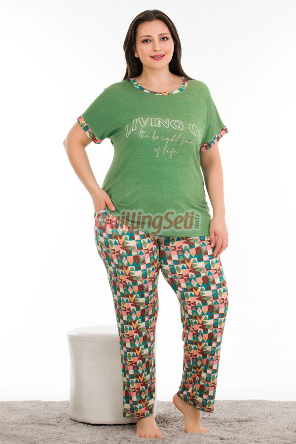 yeşil renk ve desenli lady 10935 kadın  kısa kol büyük beden anne pijama takımı, 8509990021764, büyük beden (battal boy) pijama takımları, Lady