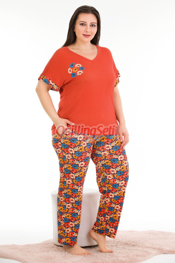 turuncu renk ve desenli lady 10938 kadın kısa kol büyük beden anne pijama takımı, 8509990022075, büyük beden (battal boy) pijama takımları, Lady