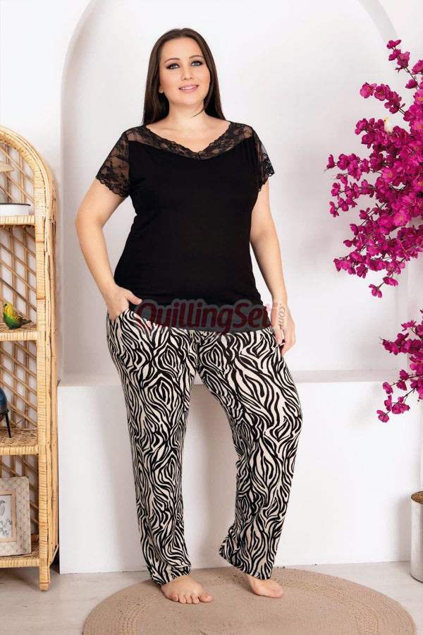 siyah renk ve zebra desenli v yaka dantel detaylı lady 10949 battal büyük beden kısa kol anne pijama takımı, 8509990017712, büyük beden (battal boy) pijama takımları, Lady