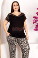 siyah renk ve zebra desenli v yaka dantel detaylı lady 10949 battal büyük beden kısa kol anne pijama takımı, 8509990017712, büyük beden (battal boy) pijama takımları, Lady