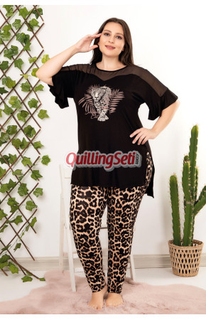 Siyah Renk ve Leopar Desenli Bisiklet Yaka Dantel Detaylı Lady 10952 Battal Büyük Beden Kısa Kol Anne Pijama Takımı