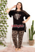 Siyah Renk ve Leopar Desenli Bisiklet Yaka Dantel Detaylı Lady 10952 Battal Büyük Beden Kısa Kol Anne Pijama Takımı