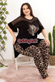siyah renk ve leopar desenli bisiklet yaka dantel detaylı lady 10952 battal büyük beden kısa kol anne pijama takımı, 8509990020514, büyük beden (battal boy) pijama takımları, Lady