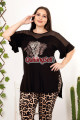 siyah renk ve leopar desenli bisiklet yaka dantel detaylı lady 10952 battal büyük beden kısa kol anne pijama takımı, 8509990020514, büyük beden (battal boy) pijama takımları, Lady