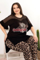 siyah renk ve leopar desenli bisiklet yaka dantel detaylı lady 10952 battal büyük beden kısa kol anne pijama takımı, 8509990020514, büyük beden (battal boy) pijama takımları, Lady