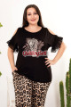 siyah renk ve leopar desenli açık omuz detaylı lady 10953 battal büyük beden kısa kol anne pijama takımı, 8509990020484, büyük beden (battal boy) pijama takımları, Lady