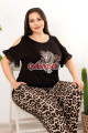 siyah renk ve leopar desenli açık omuz detaylı lady 10953 battal büyük beden kısa kol anne pijama takımı, 8509990020484, büyük beden (battal boy) pijama takımları, Lady