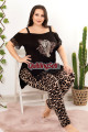 siyah renk ve leopar desenli açık omuz detaylı lady 10954 battal büyük beden kısa kol anne pijama takımı, 8509990020576, büyük beden (battal boy) pijama takımları, Lady