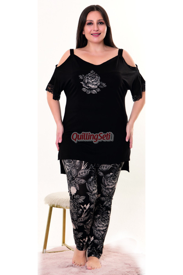 siyah renk ve gül desenli açık omuz detaylı lady 10955 battal büyük beden kısa kol anne pijama takımı, 8509990023089, büyük beden (battal boy) pijama takımları, Lady