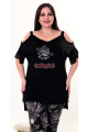 siyah renk ve gül desenli açık omuz detaylı lady 10955 battal büyük beden kısa kol anne pijama takımı, 8509990023089, büyük beden (battal boy) pijama takımları, Lady
