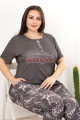 füme renk ve şal desenli düğmeli yaka lady 10968 battal büyük beden kısa kol anne pijama takımı, 8509990023201, büyük beden (battal boy) pijama takımları, Lady