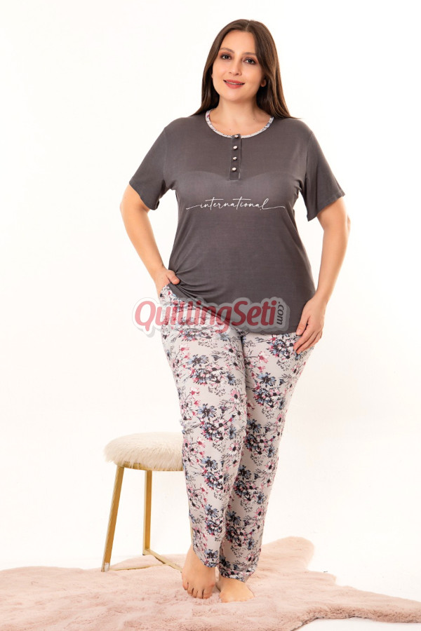 füme renk ve çiçek desenli düğmeli yaka lady 10969 battal büyük beden kısa kol anne pijama takımı, 8509990023232, büyük beden (battal boy) pijama takımları, Lady