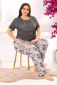 füme renk ve çiçek desenli düğmeli yaka lady 10969 battal büyük beden kısa kol anne pijama takımı, 8509990023232, büyük beden (battal boy) pijama takımları, Lady