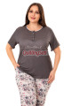 füme renk ve çiçek desenli düğmeli yaka lady 10969 battal büyük beden kısa kol anne pijama takımı, 8509990023232, büyük beden (battal boy) pijama takımları, Lady