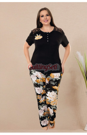 Siyah Renk ve Çiçek Desenli Lady 10972 Battal Büyük Beden Kısa Kol Anne Pijama Takımı