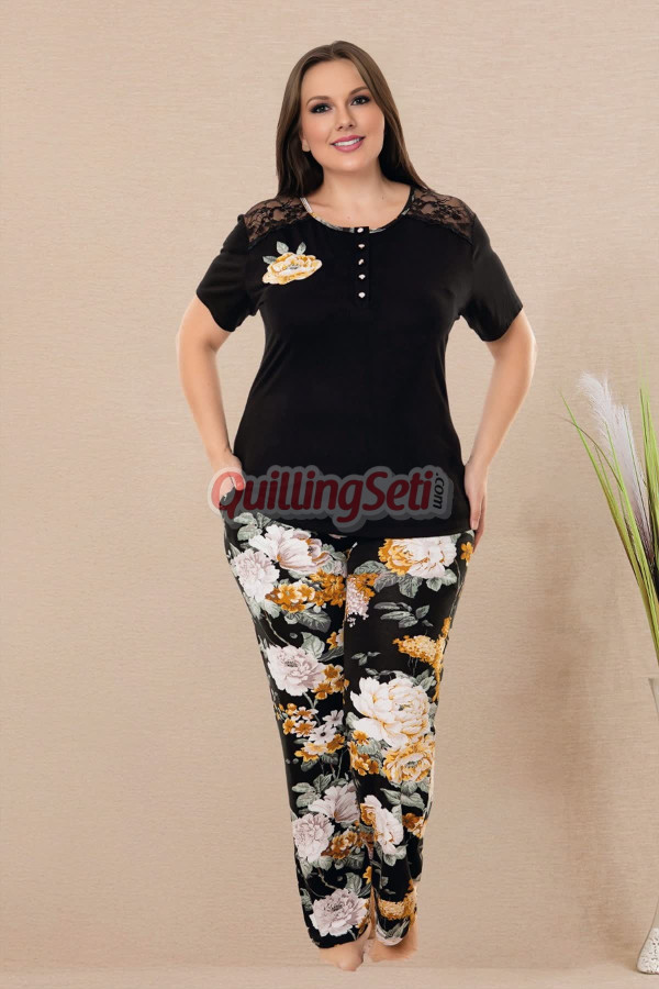 siyah renk ve çiçek desenli lady 10972 battal büyük beden kısa kol anne pijama takımı, qs-lady10972-2xl, büyük beden (battal boy) pijama takımları, Lady