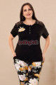 siyah renk ve çiçek desenli lady 10972 battal büyük beden kısa kol anne pijama takımı, qs-lady10972-2xl, büyük beden (battal boy) pijama takımları, Lady