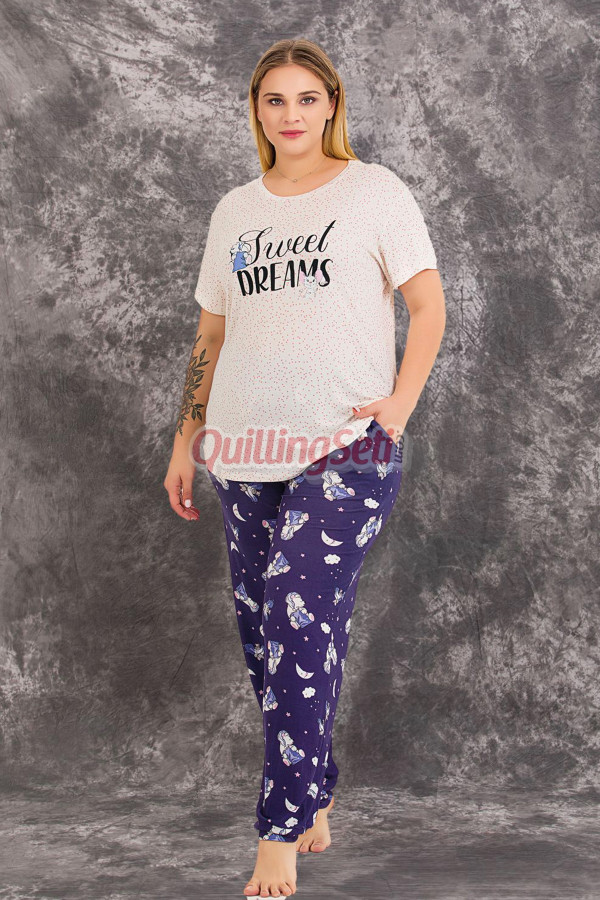 lacivert renk ve desenli lady 10978 kadın kısa kol büyük beden anne pijama takımı, 8509990021986, büyük beden (battal boy) pijama takımları, Lady