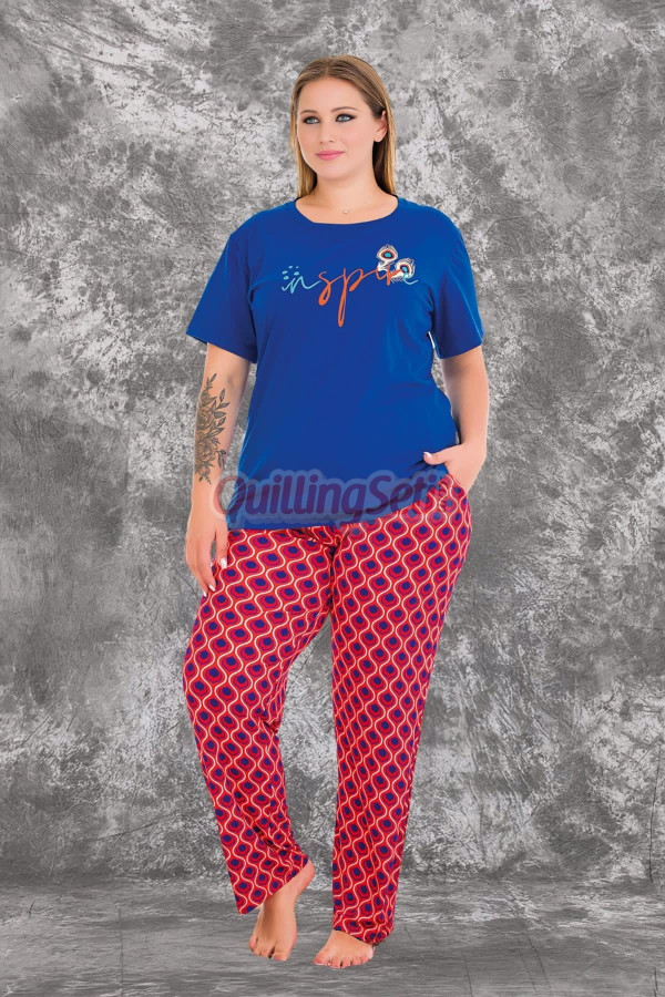 koyu mavi - kırmızı renk ve desenli lady 10981 battal büyük beden kısa kol anne pijama takımı, 8509990017743, büyük beden (battal boy) pijama takımları, Lady