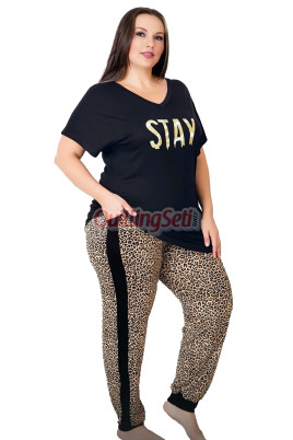 Siyah Renk ve Leoparlı 10987 Kısa Kollu Kadın Büyük Beden Anne Pijama Takımı