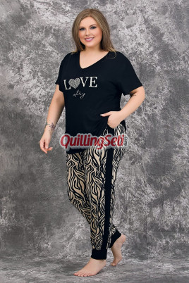 Siyah Renk ve Zebra Desenli 10993 Kısa Kollu Kadın Büyük Beden Anne Pijama Takımı