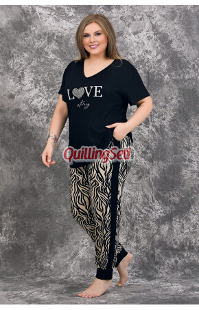 Siyah Renk ve Zebra Desenli 10993 Kısa Kollu Kadın Büyük Beden Anne Pijama Takımı