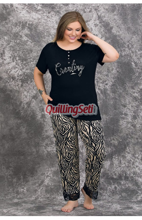 Siyah Renk ve Zebra Desenli 10998 Kısa Kollu Kadın Büyük Beden Anne Pijama Takımı