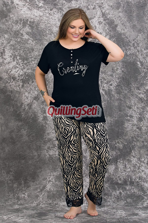 siyah renk ve zebra desenli 10998 kısa kollu kadın büyük beden anne pijama takımı, 8509990020668, büyük beden (battal boy) pijama takımları, Lady