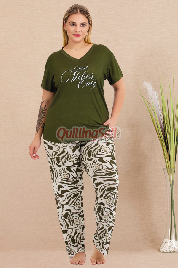 haki renk ve desenli 10999 kısa kollu kadın büyük beden anne pijama takımı, 8509990023812, büyük beden (battal boy) pijama takımları, Lady