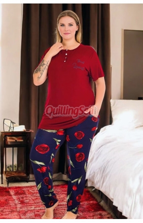 Bordo Lacivert Renk ve Çiçekli Lady 11001 Kadın Kısa Kol Büyük Beden Anne Pijama Takımı