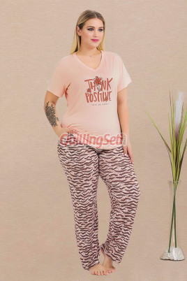 Somon Renkli ve Desenli Lady 11003 Kadın Kısa Kol Büyük Beden Anne Pijama Takımı