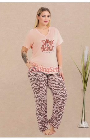 Somon Renkli ve Desenli Lady 11003 Kadın Kısa Kol Büyük Beden Anne Pijama Takımı