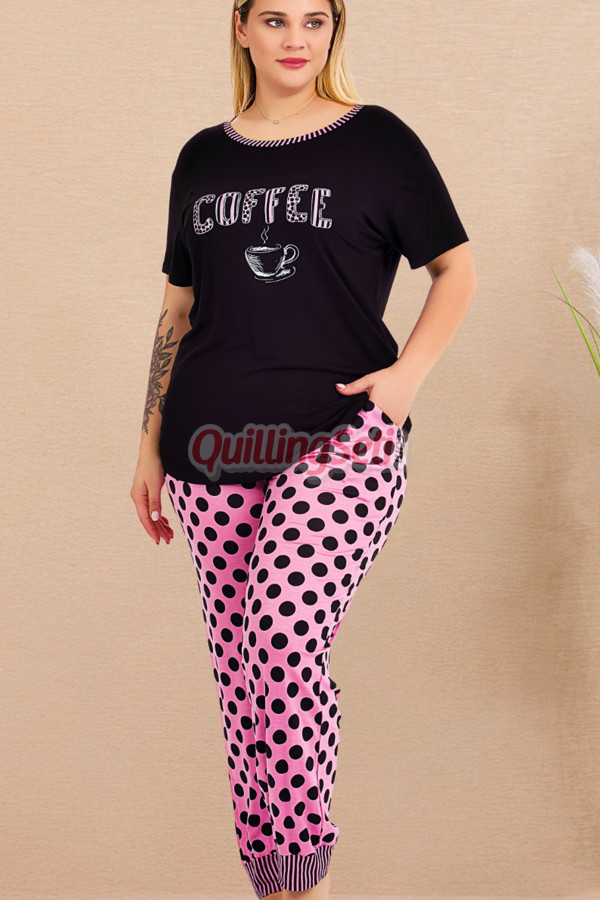 pembe - siyah renk ve desenli lady 11004 battal büyük beden kısa kol anne pijama takımı, 8509990023539, büyük beden (battal boy) pijama takımları, Lady