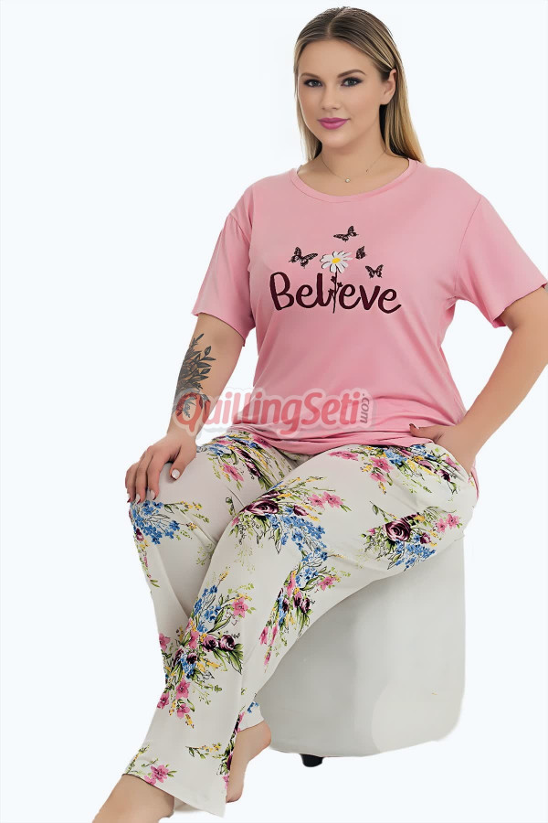 pembe - beyaz renk ve çiçek desenli 11005 kısa kollu kadın büyük beden anne pijama takımı, 8509990024741, büyük beden (battal boy) pijama takımları, Lady