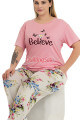 pembe - beyaz renk ve çiçek desenli 11005 kısa kollu kadın büyük beden anne pijama takımı, 8509990024741, büyük beden (battal boy) pijama takımları, Lady