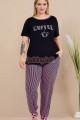 pembe - siyah renk ve çizgili 11009 kısa kollu kadın büyük beden anne pijama takımı, 8509990023898, büyük beden (battal boy) pijama takımları, Lady