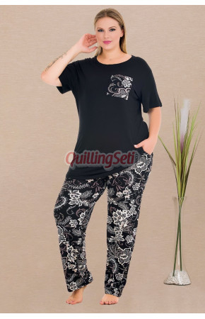 Siyah Renk ve Çiçek Desenli Lady 11011 Kadın Kısa Kol Büyük Beden Anne Pijama Takımı