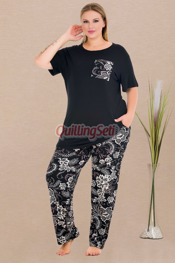 siyah renk ve çiçek desenli lady 11011 kadın kısa kol büyük beden anne pijama takımı, 8509990000332, lady pijama takımı, Lady