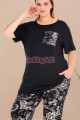 siyah renk ve çiçek desenli lady 11011 kadın kısa kol büyük beden anne pijama takımı, 8509990000332, lady pijama takımı, Lady