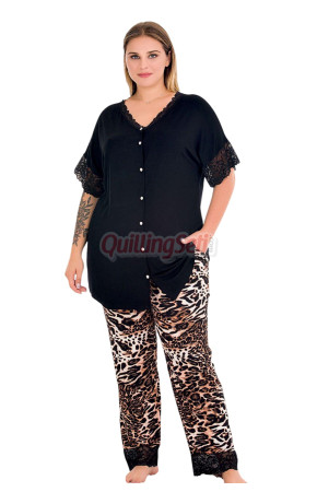 Siyah Renk ve Leopar Desenli Lady 11012 Kadın Gömlek Yaka Kısa Kol Büyük Beden Anne Pijama Takımı