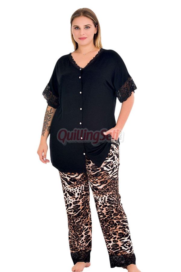 siyah renk ve leopar desenli lady 11012 kadın gömlek yaka kısa kol büyük beden anne pijama takımı, 8509990037185, lady pijama takımı, Lady