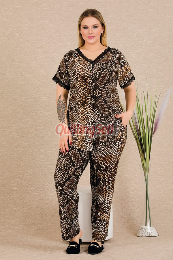 siyah renkli yılan derisi desenli kısa kollu ve önden düğmeli lady 11013 kadın büyük beden anne pijama takımı, battal pijama, 8509990029289, büyük beden (battal boy) pijama takımları, Lady
