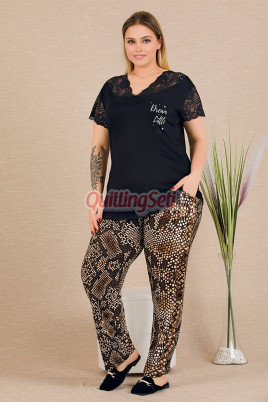 Siyah Renkli ve Yılan Derisi Desenli Lady 11014 Kadın Kısa Kol Büyük Beden Anne Pijama Takımı