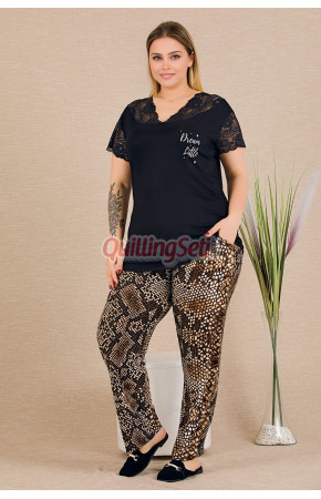 Siyah Renkli ve Yılan Derisi Desenli Lady 11014 Kadın Kısa Kol Büyük Beden Anne Pijama Takımı