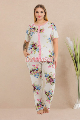 Beyaz Renkli Çiçek Desenli Kısa Kollu ve Önden Düğmeli Lady 11015 Kadın Büyük Beden Anne Pijama Takımı, Battal Pijama