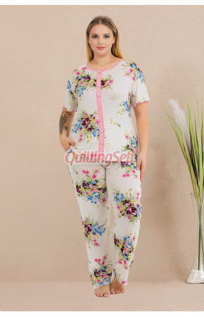 Beyaz Renkli Çiçek Desenli Kısa Kollu ve Önden Düğmeli Lady 11015 Kadın Büyük Beden Anne Pijama Takımı, Battal Pijama