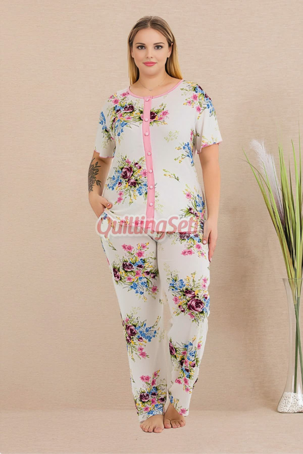 beyaz renkli çiçek desenli kısa kollu ve önden düğmeli lady 11015 kadın büyük beden anne pijama takımı, battal pijama, 8509990028527, büyük beden (battal boy) pijama takımları, Lady