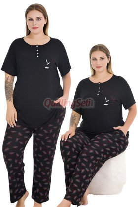 Siyah Renk ve Çiçek Desenli Lady 11016 Kadın Kısa Kol Büyük Beden Anne Pijama Takımı