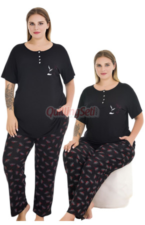 Siyah Renk ve Çiçek Desenli Lady 11016 Kadın Kısa Kol Büyük Beden Anne Pijama Takımı