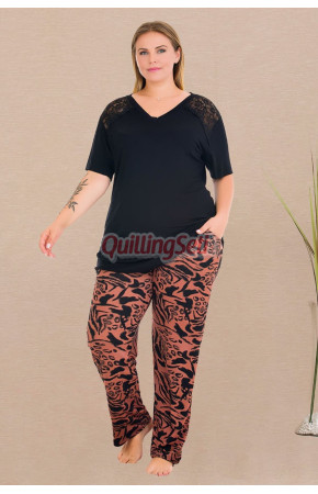 Siyah Renkli ve Desenli Lady 11017 Kadın Kısa Kol Büyük Beden Anne Pijama Takımı
